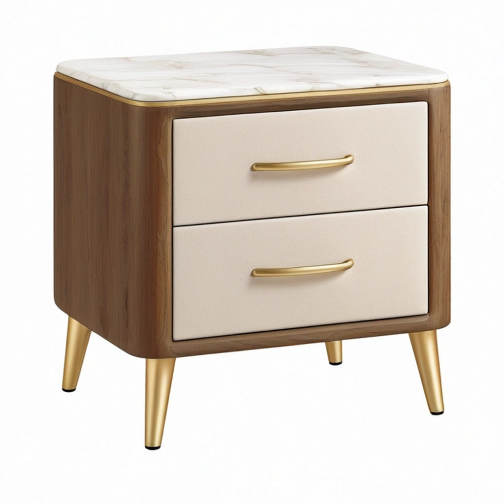 Comodino 55 x 45 x 60 cm in legno noce con piano effetto marmo e 2 cassetti stile moderno