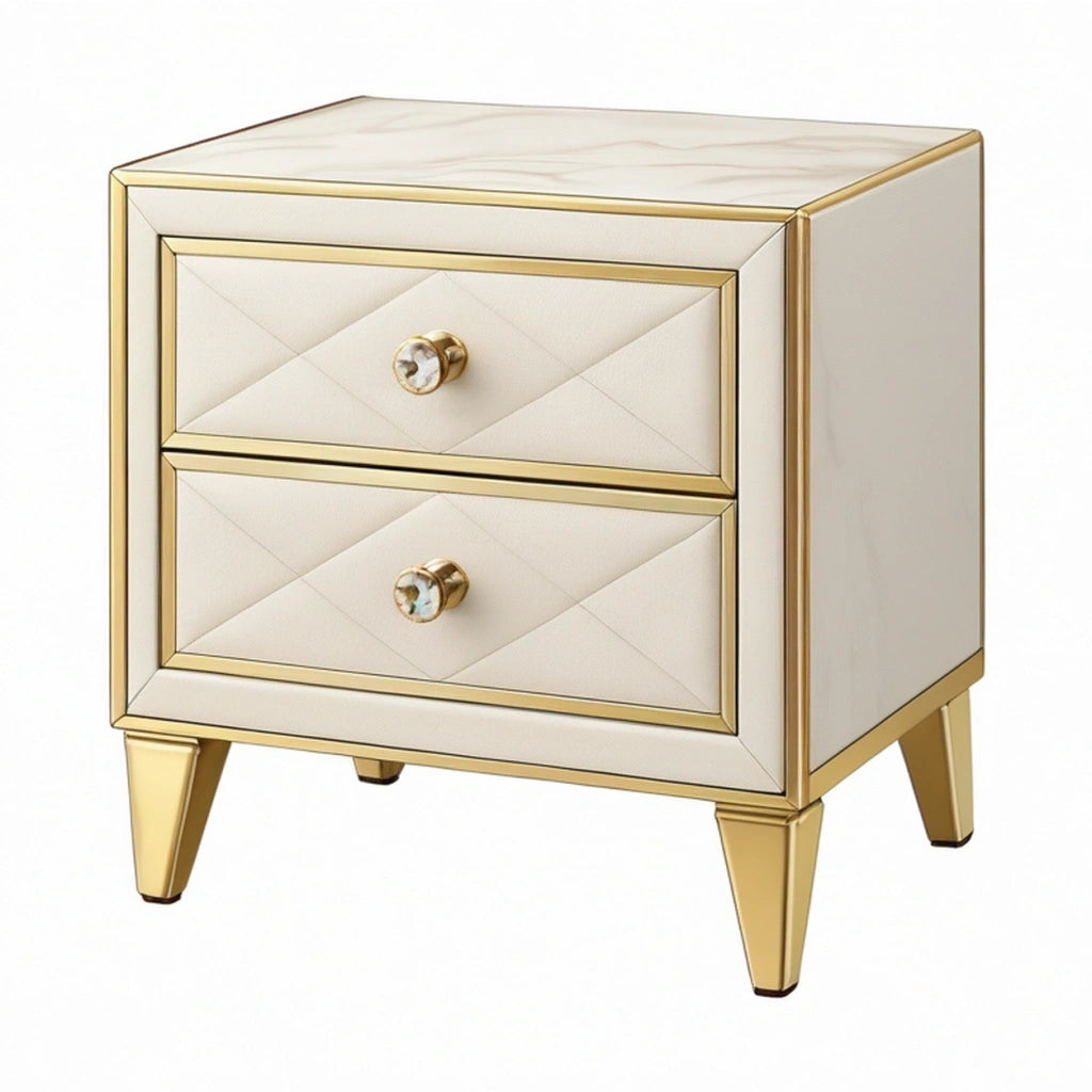 Comodino 50 x 40 x 60 cm in similpelle avorio con finiture dorate a 2 cassetti stile glamour