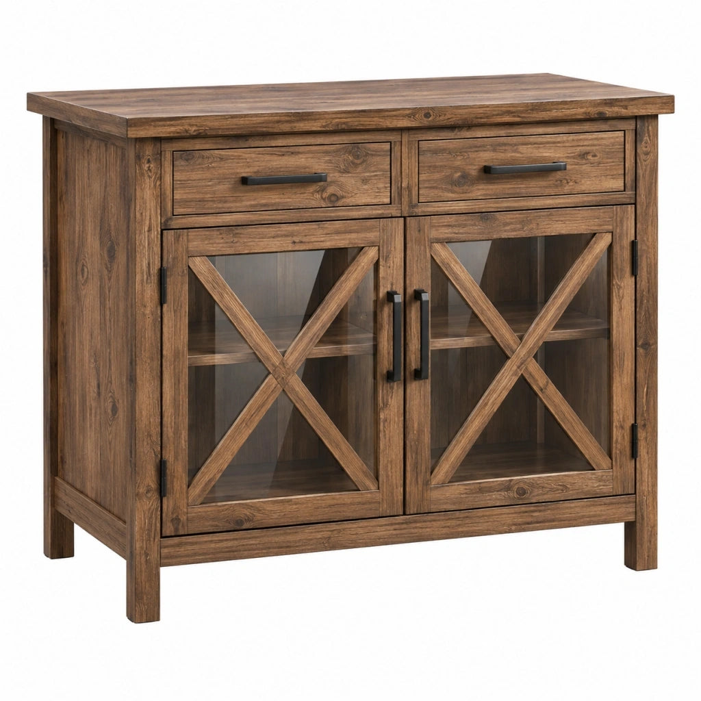 Credenza 107 x 46 x 92 cm in legno marrone - mobile contenitore rustico con ante vetrate