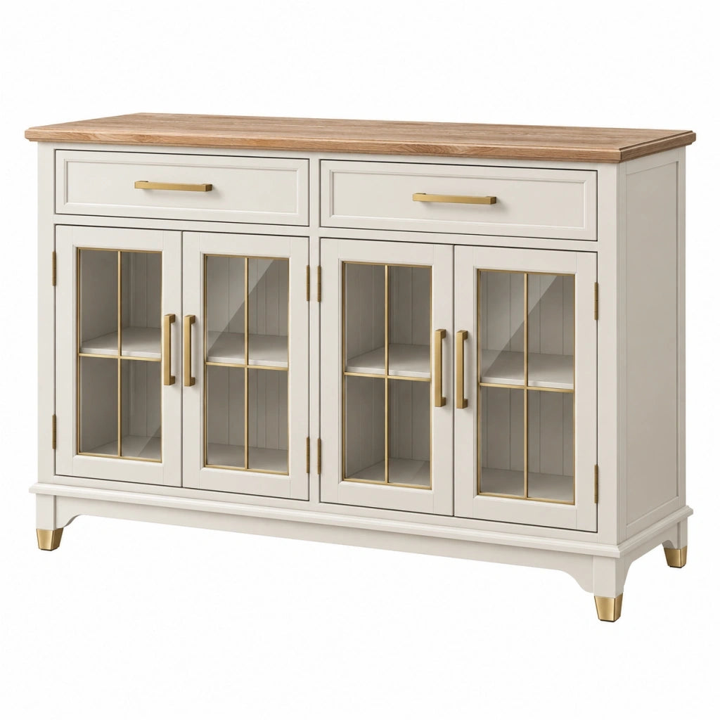Credenza 160 x 45 x 90 cm in legno bianco e vetro stile classico con ante e cassetti