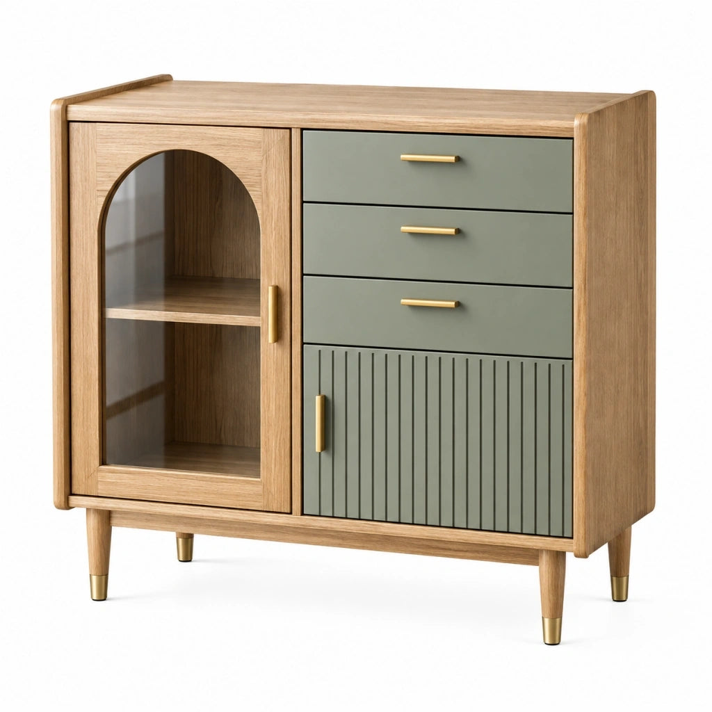 Credenza 100x40x100 cm in legno naturale e verde salvia con ante vetrate e cassetti stile retrò