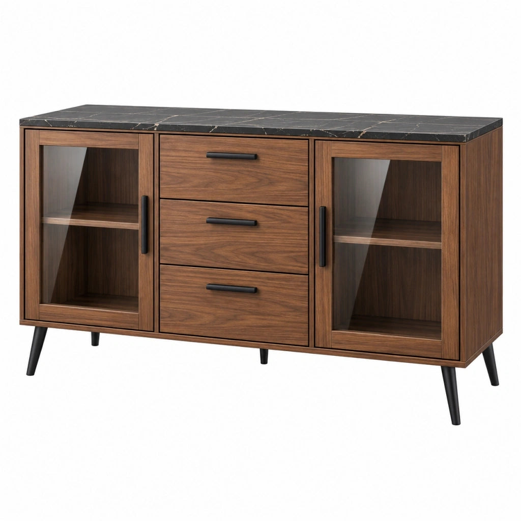Credenza 160 x 40 x 85 cm in legno marrone con ante in vetro e piano nero effetto marmo