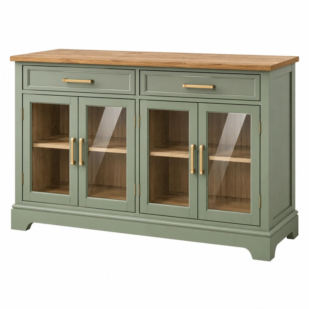 Credenza 160 x 45 x 90 cm in legno verde salvia con ante in vetro e cassetti stile classico