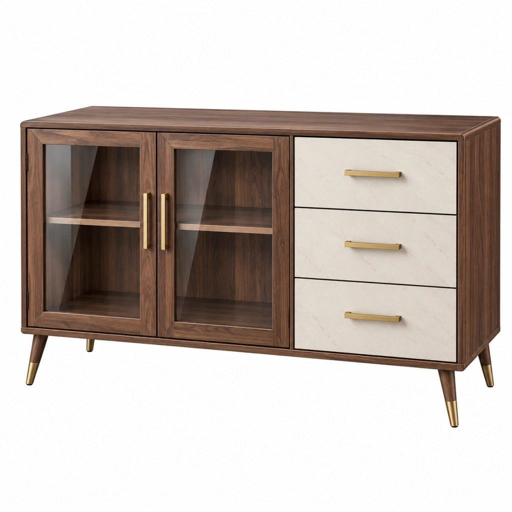 Credenza 140 x 40 x 80 cm effetto legno noce con vetro e cassetti stile moderno