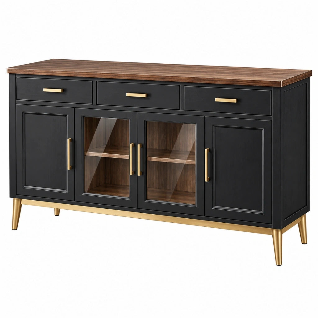 Credenza 160 x 40 x 85 cm in legno nero e marrone con ante in vetro e cassetti