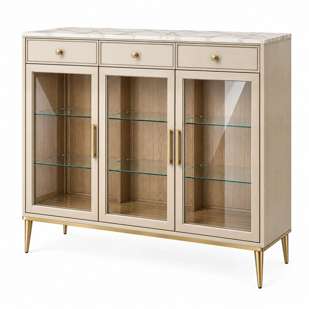 Credenza vetrina 150 x 40 x 100 cm in legno beige con vetro e piano effetto marmo
