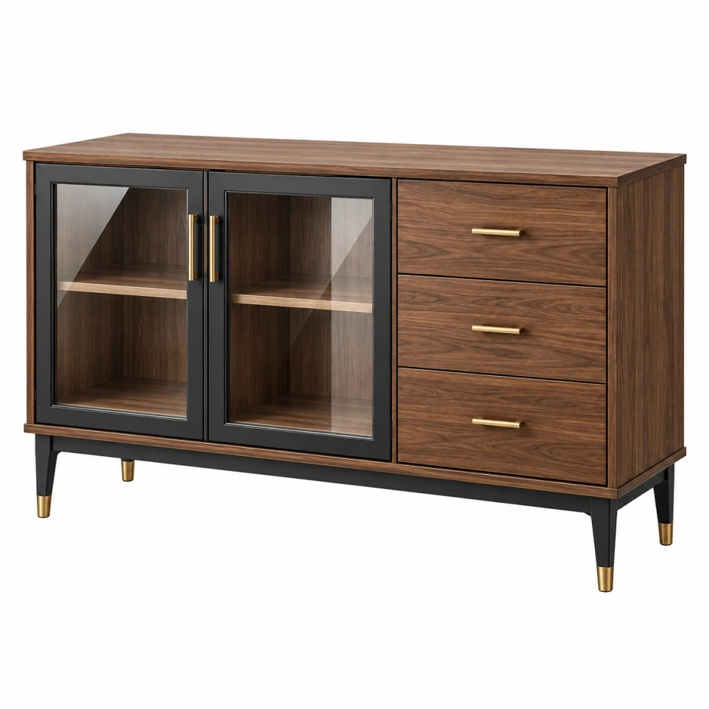 Credenza 120 x 40 x 80 cm in legno marrone con vetro e cassetti stile moderno