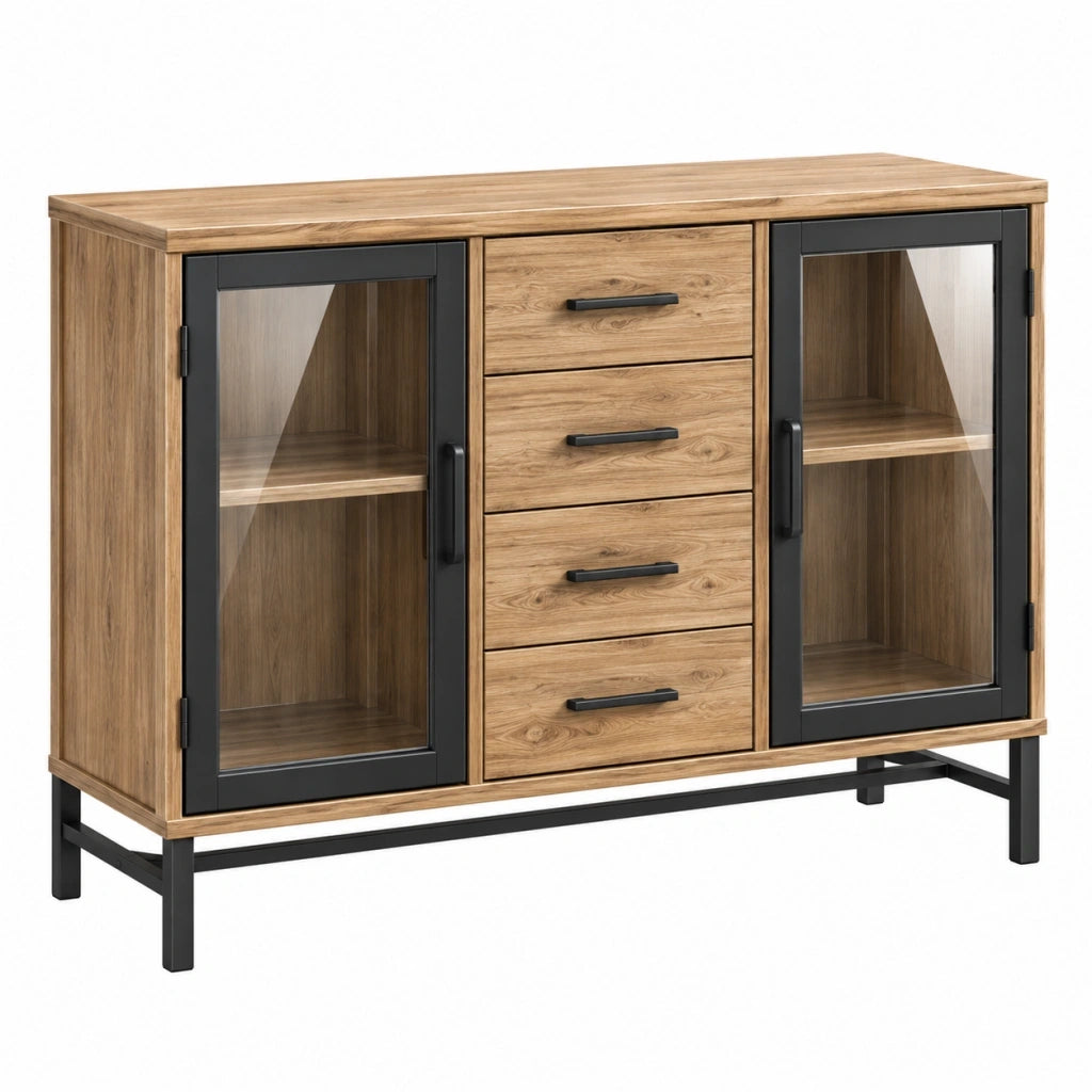 Credenza 120 x 40 x 90 cm effetto legno marrone con vetro e metallo stile industriale