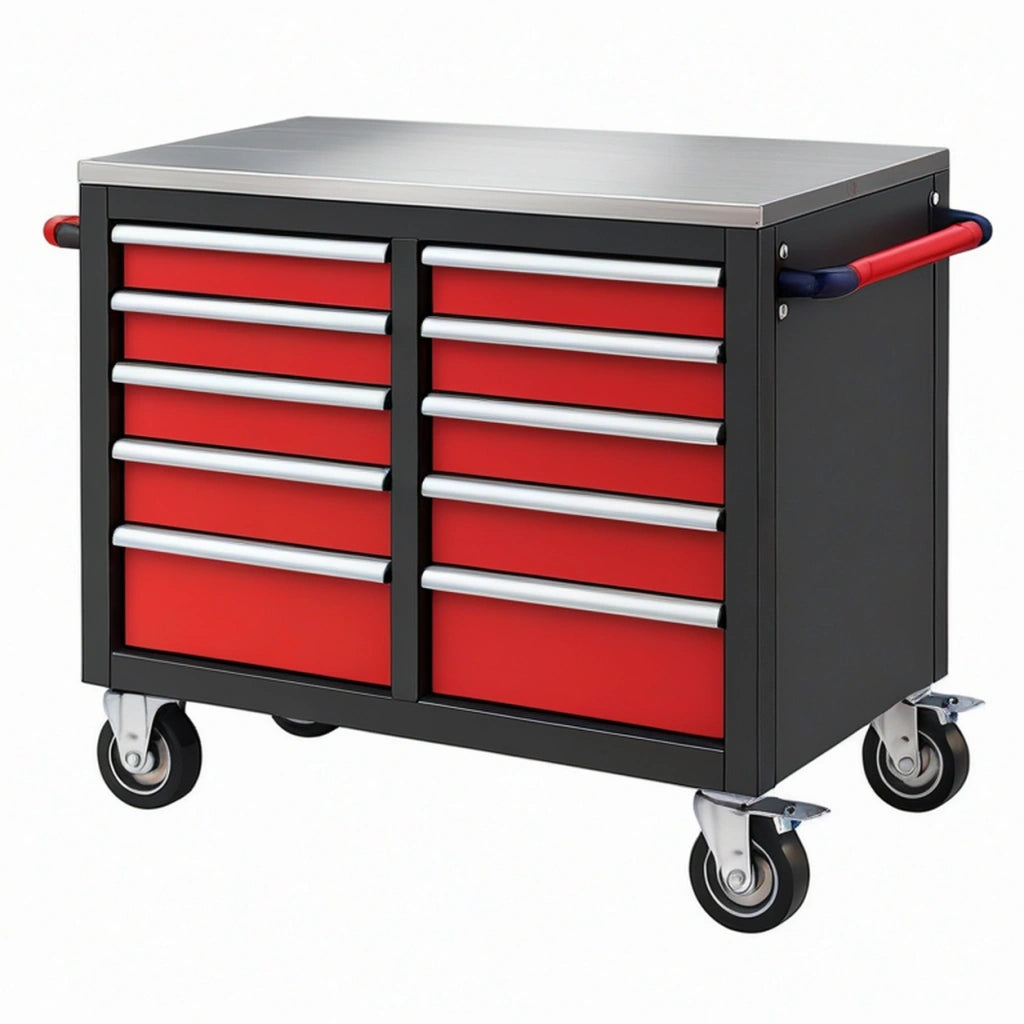 Carrello portautensili 100 x 50 x 95 cm in acciaio nero e rosso con 11 cassetti e ruote