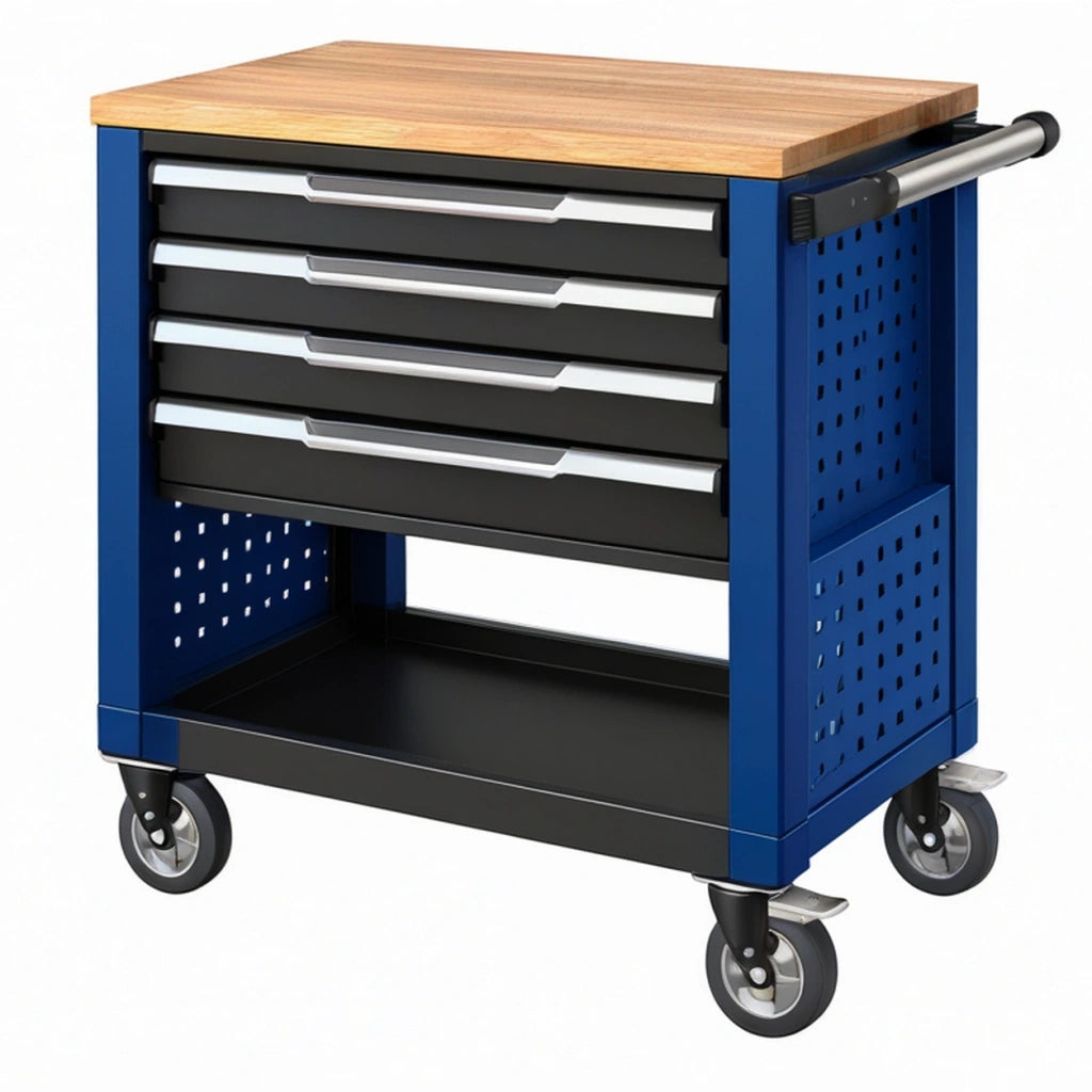 Carrello portautensili 77 x 46 x 95 cm in acciaio blu con 4 cassetti piano in legno e ruote