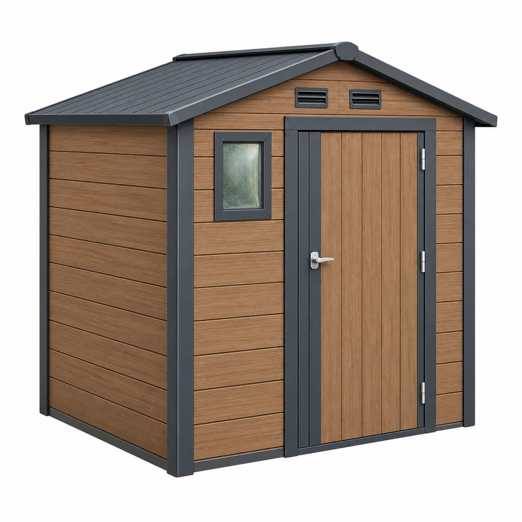 Casetta da giardino 200 x 150 x 210 cm in resina marrone con porta finestra e ventilazione