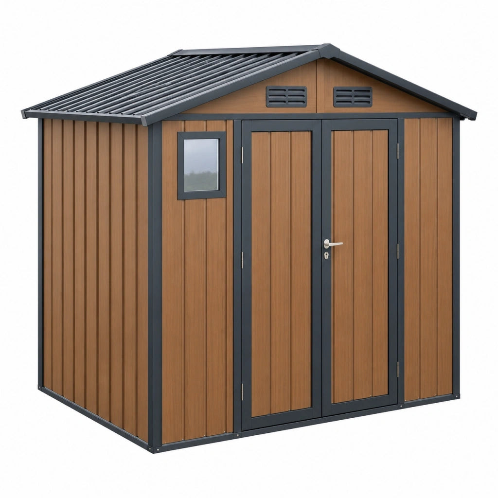 Casetta da giardino 213 x 130 x 185 cm in acciaio effetto legno marrone con tetto spiovente