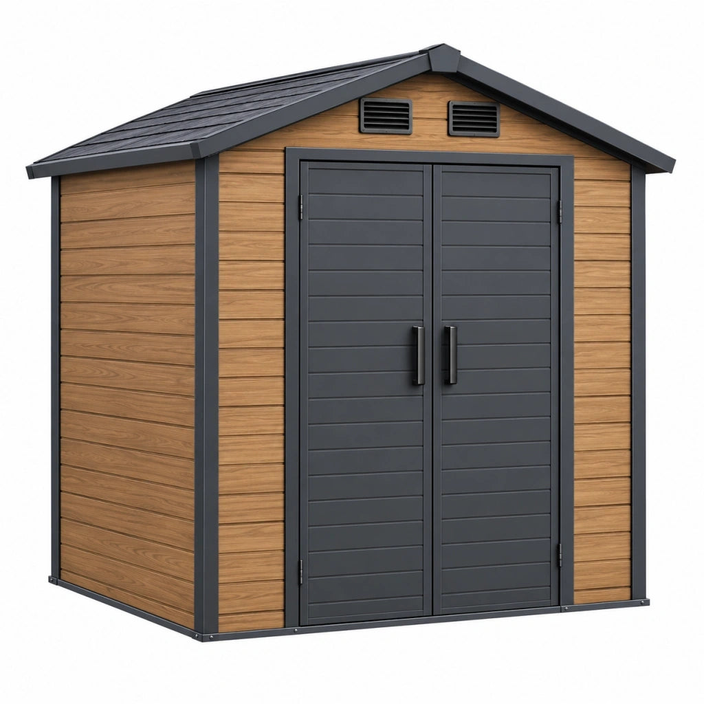 Casetta da giardino 210 x 130 x 200 cm in resina effetto legno marrone antracite con doppia porta e ventilazione