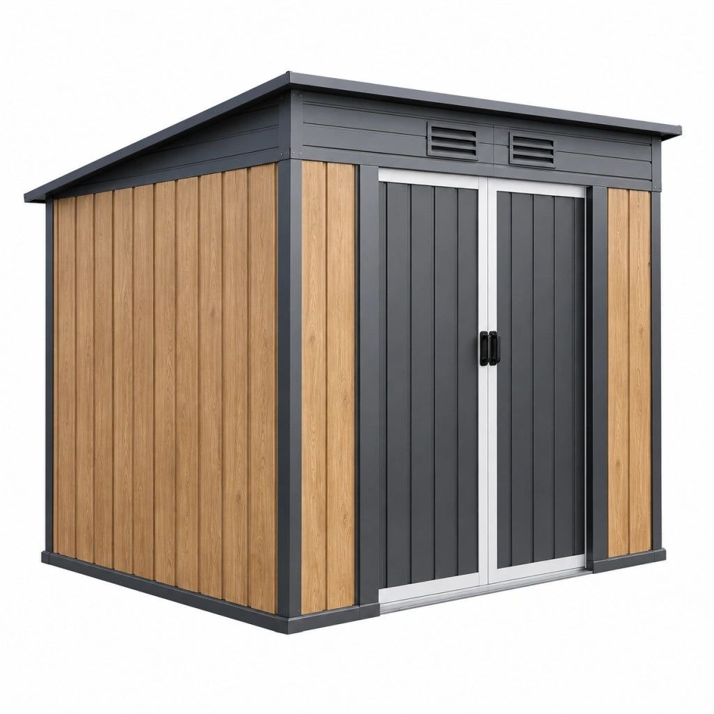 Casetta da giardino 200x120x180 cm in acciaio grigio antracite effetto legno con porte scorrevoli