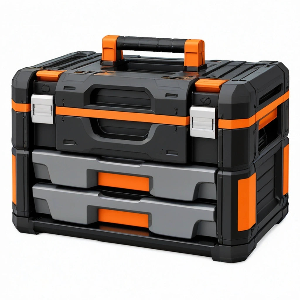 Cassetta portautensili 55 x 35 x 40 cm in plastica nero/arancione con 2 cassetti e maniglia