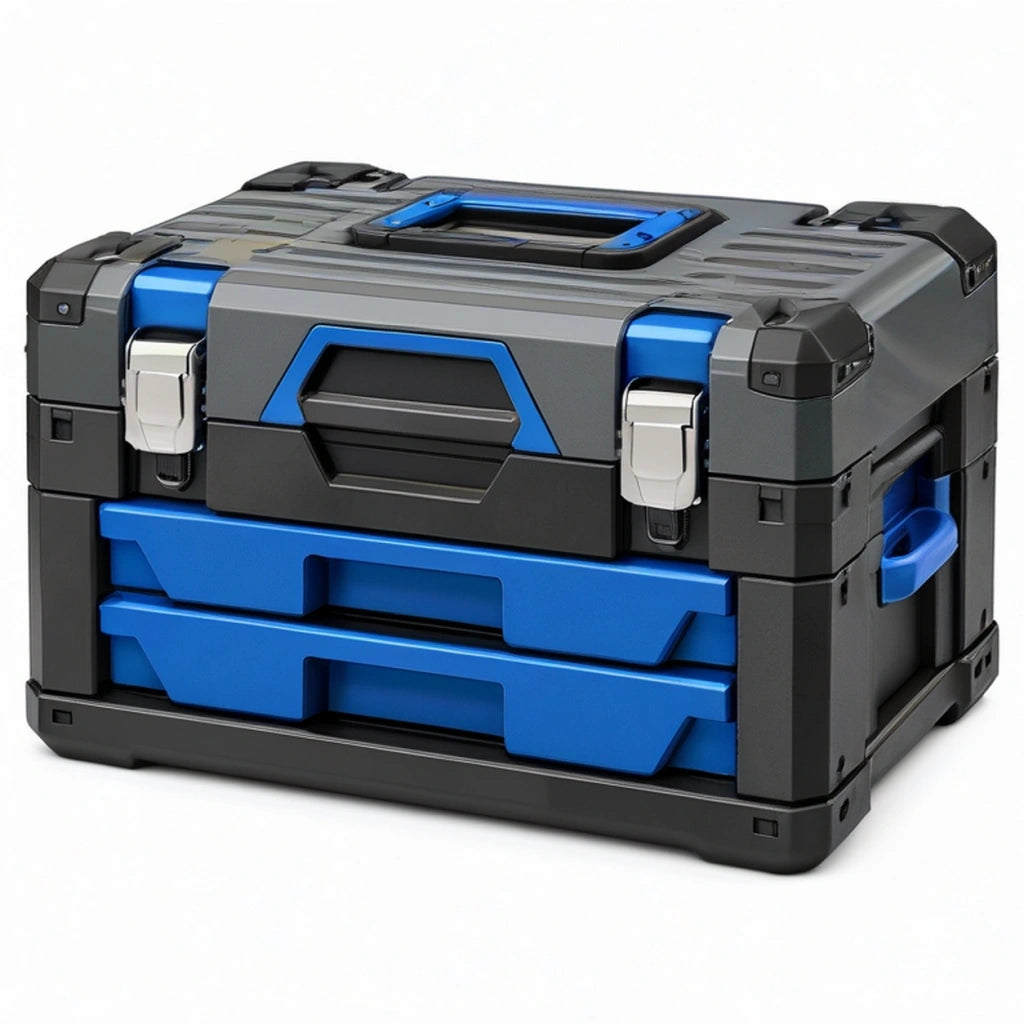 Valigetta portautensili 50 x 35 x 25 cm in plastica nera e blu con cassetti e maniglia