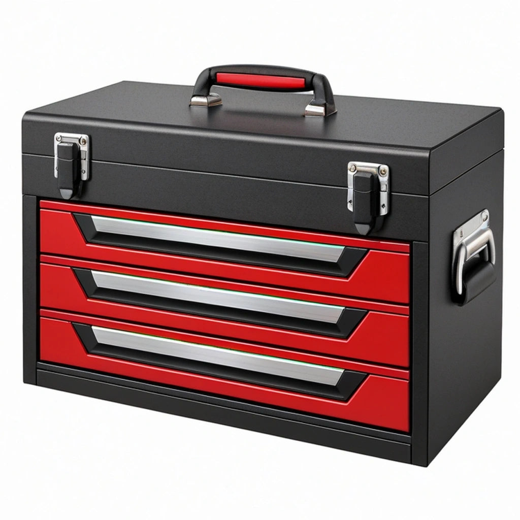 Cassetta portautensili 50 x 25 x 30 cm in metallo nero e rosso con 3 cassetti